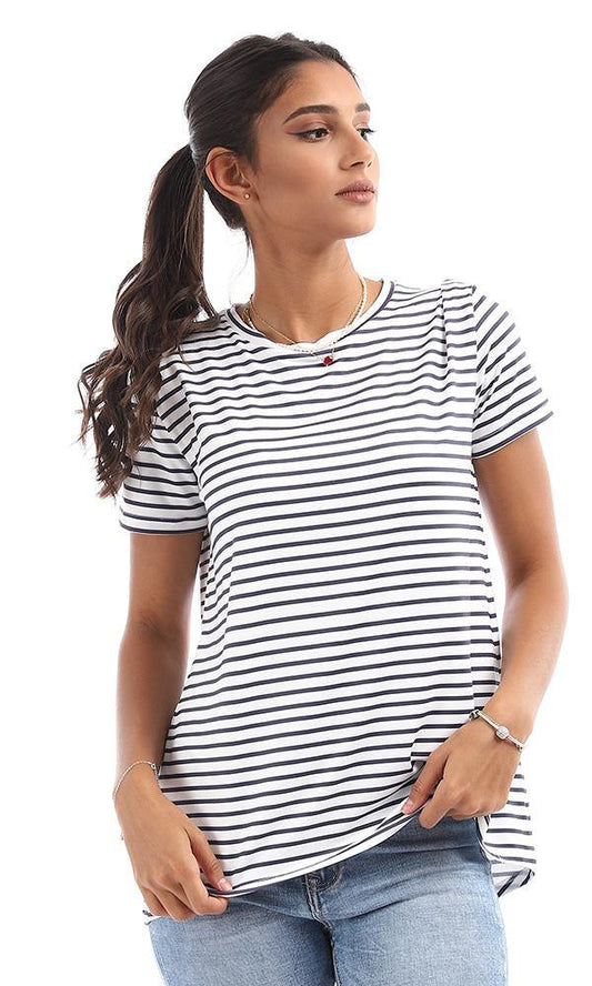 95038 Striped High Low White & Navy Blue Top - Ravin 