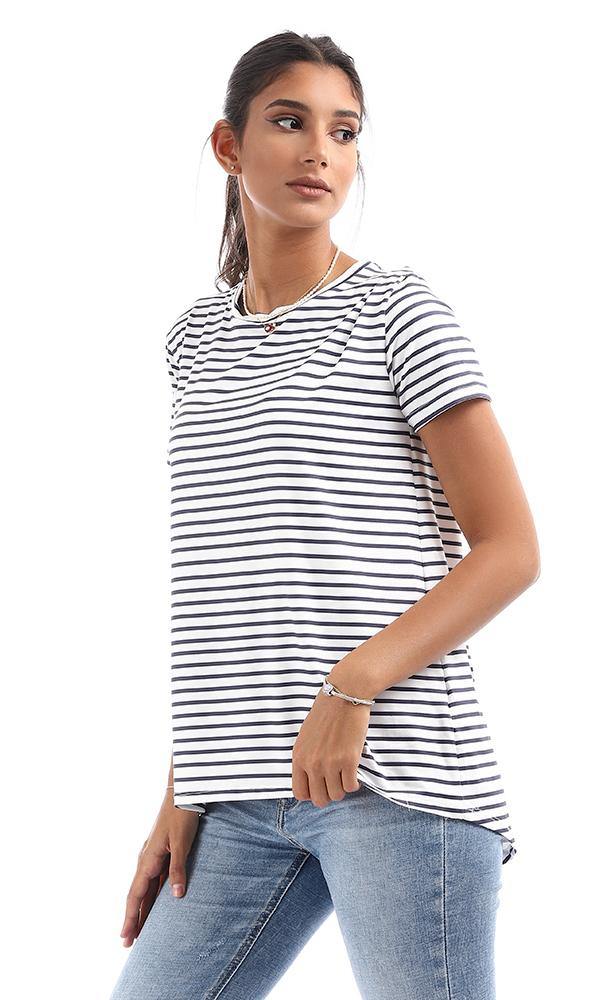 95038 Striped High Low White & Navy Blue Top - Ravin 