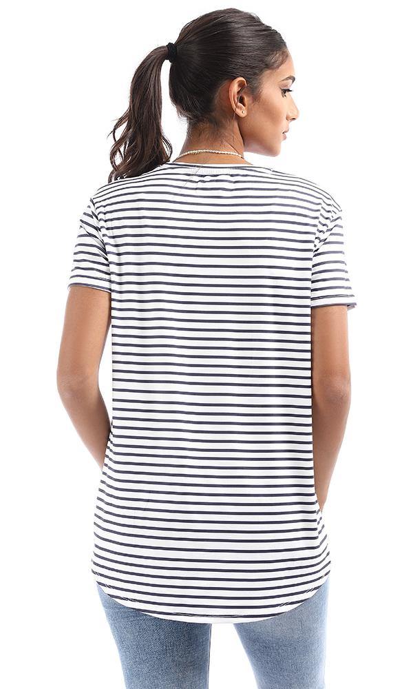 95038 Striped High Low White & Navy Blue Top - Ravin 