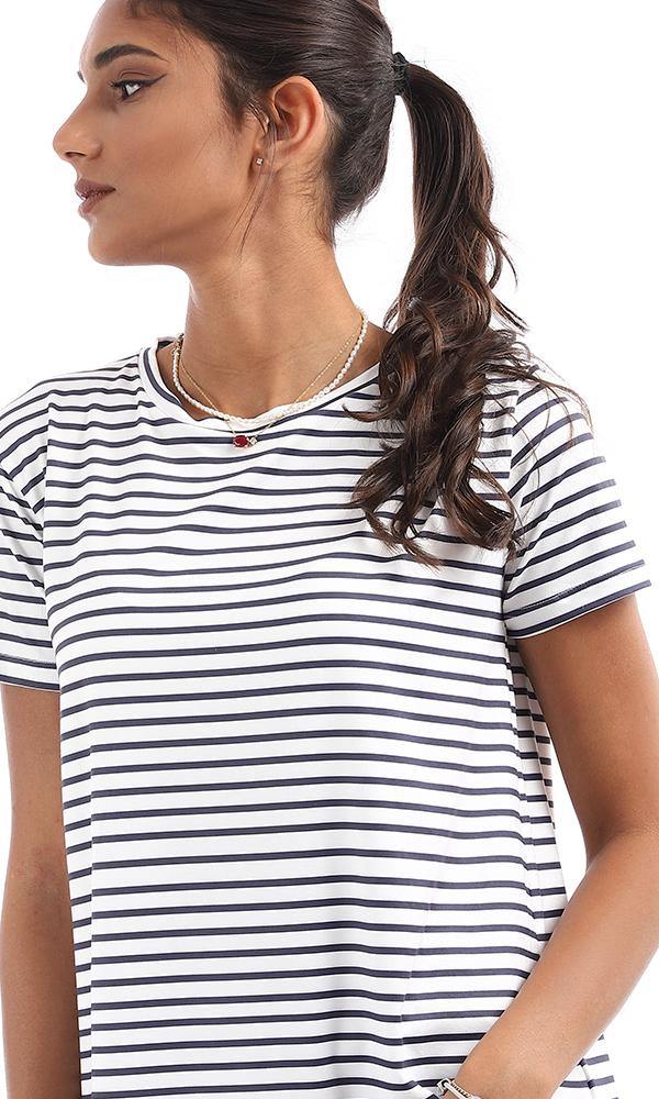 95038 Striped High Low White & Navy Blue Top - Ravin 