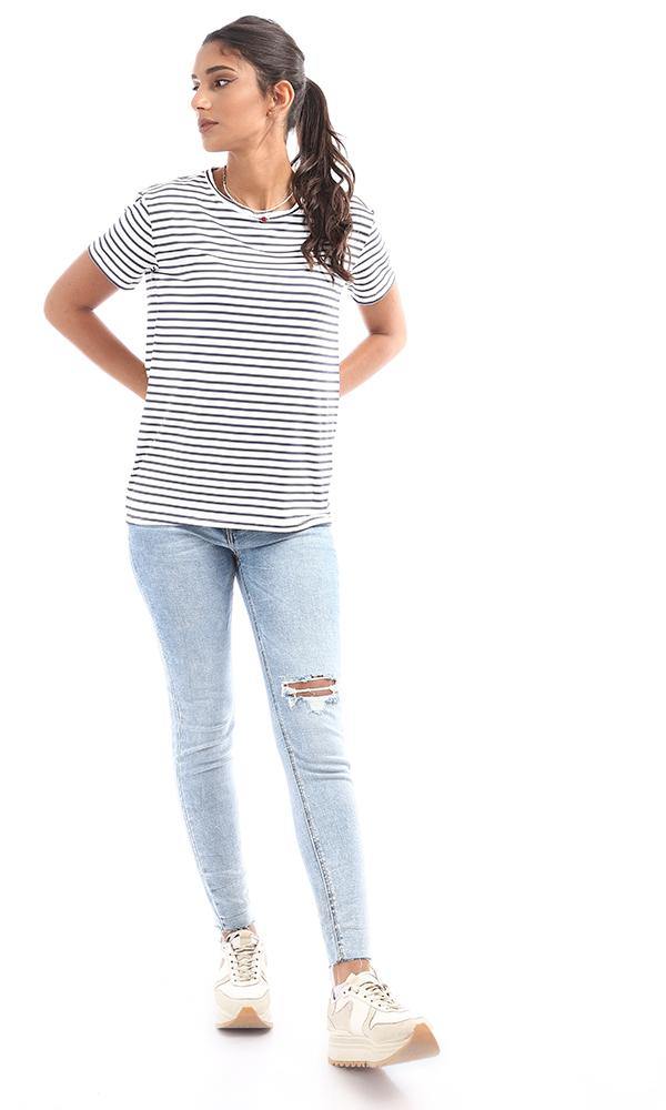 95038 Striped High Low White & Navy Blue Top - Ravin 