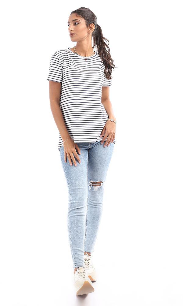 95038 Striped High Low White & Navy Blue Top - Ravin 