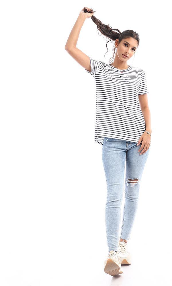 95038 Striped High Low White & Navy Blue Top - Ravin 