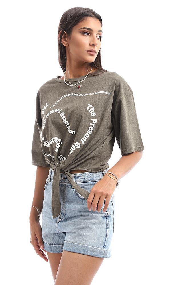 95055 " The Present Generation" Printed Front Tye Olive Top - Ravin 