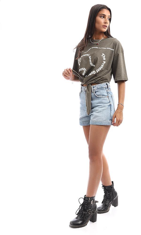 95055 " The Present Generation" Printed Front Tye Olive Top - Ravin 