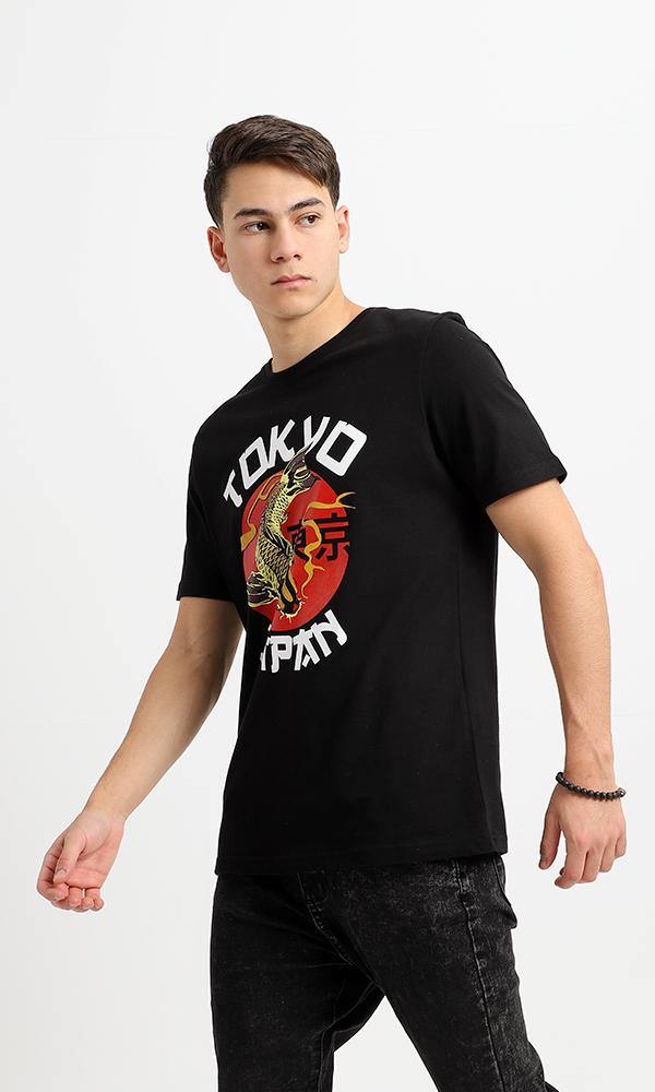 95065 Tokyo Printed Round Neck Black Cotton Tee - Ravin 