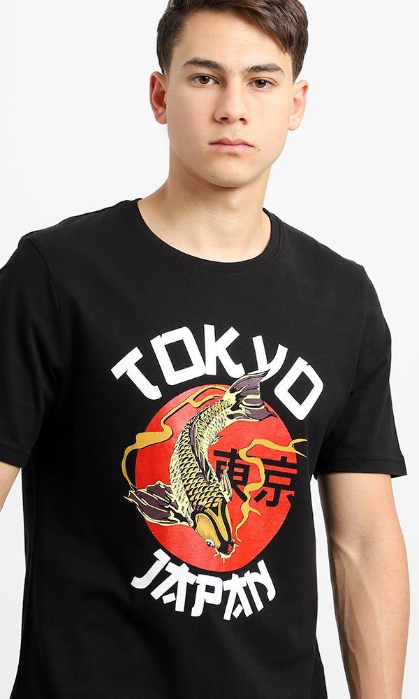 95065 Tokyo Printed Round Neck Black Cotton Tee - Ravin 