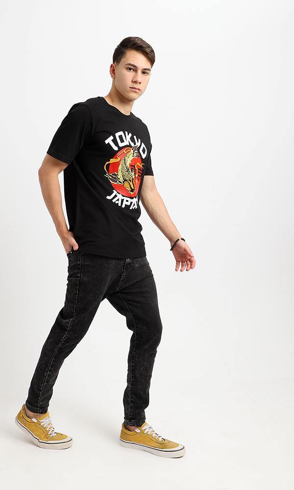 95065 Tokyo Printed Round Neck Black Cotton Tee - Ravin 