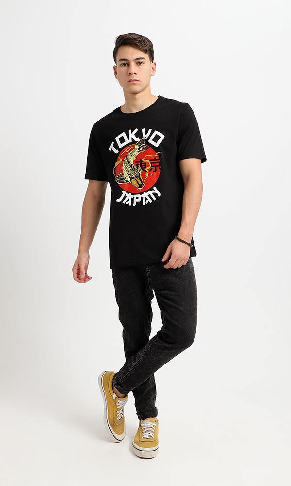 95065 Tokyo Printed Round Neck Black Cotton Tee - Ravin 