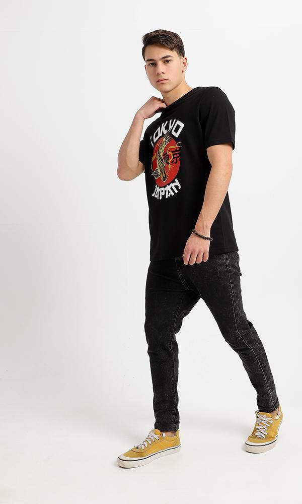 95065 Tokyo Printed Round Neck Black Cotton Tee - Ravin 