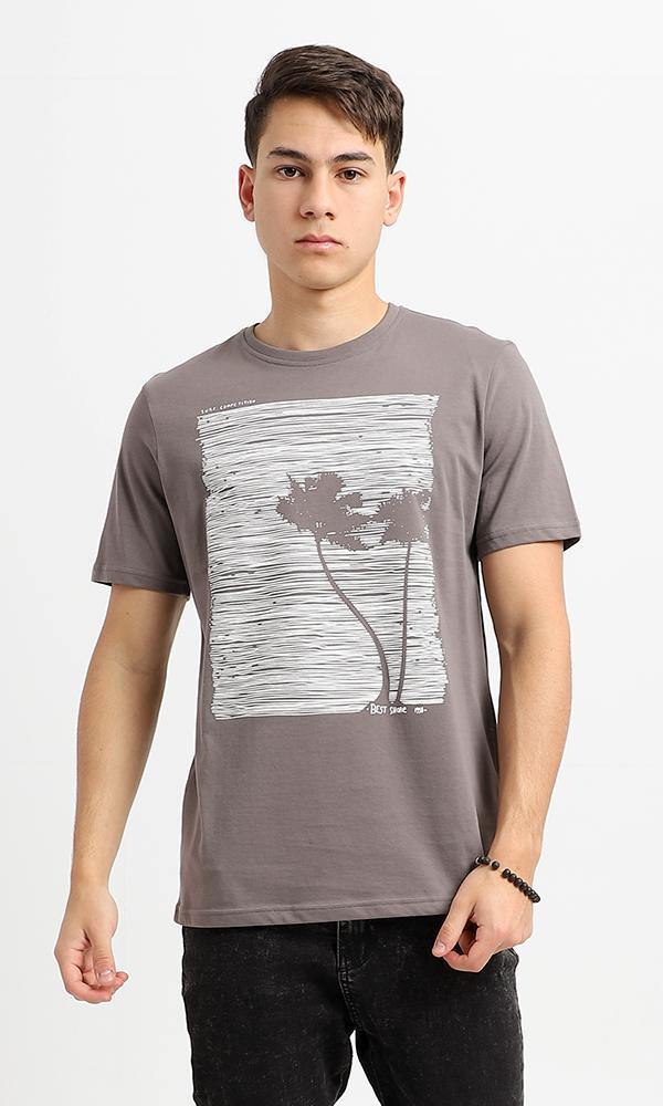 95068 Printed Palms Dark Taupe Short Sleeves Tee - Ravin 