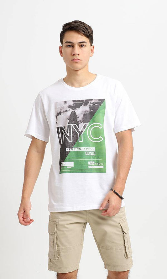 95083 Printed NYC White & Green Cotton Tee - Ravin 