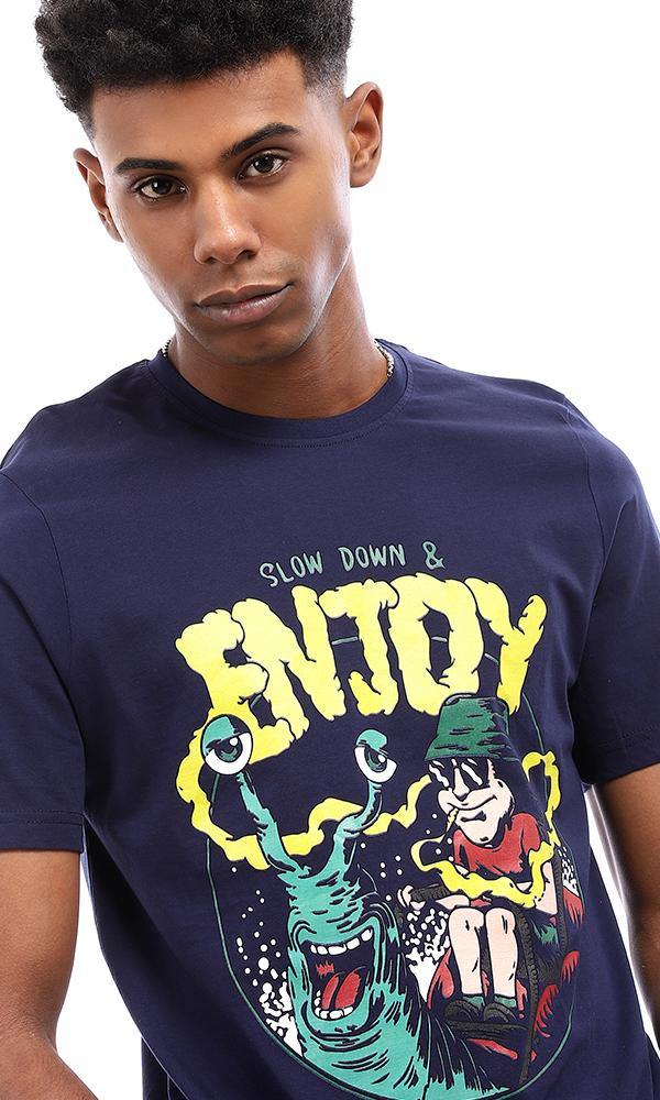 95094 Summer Printed Navy Blue Cotton T-Shirt - Ravin 