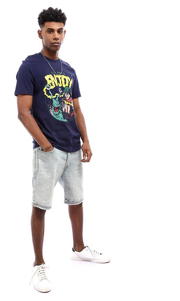 95094 Summer Printed Navy Blue Cotton T-Shirt - Ravin 