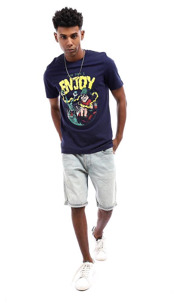 95094 Summer Printed Navy Blue Cotton T-Shirt - Ravin 