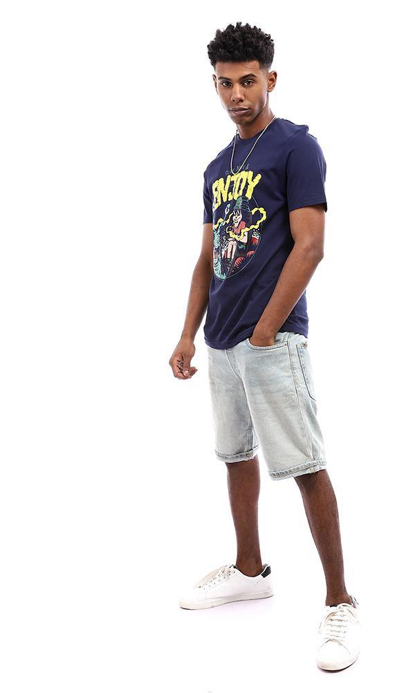 95094 Summer Printed Navy Blue Cotton T-Shirt - Ravin 