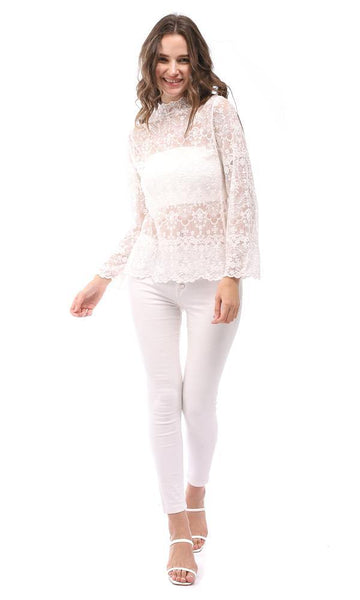 95101 Lace Front Button Elegant Blouse - White - Ravin 