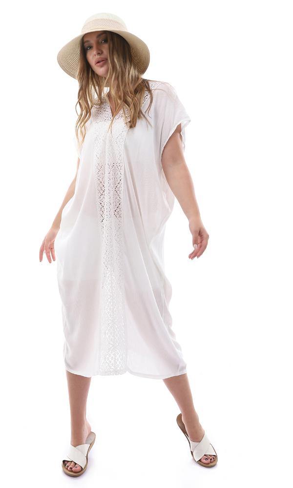 95107 Front & Back Perforated Crochet V-Neck Off-White Dress - Ravin 