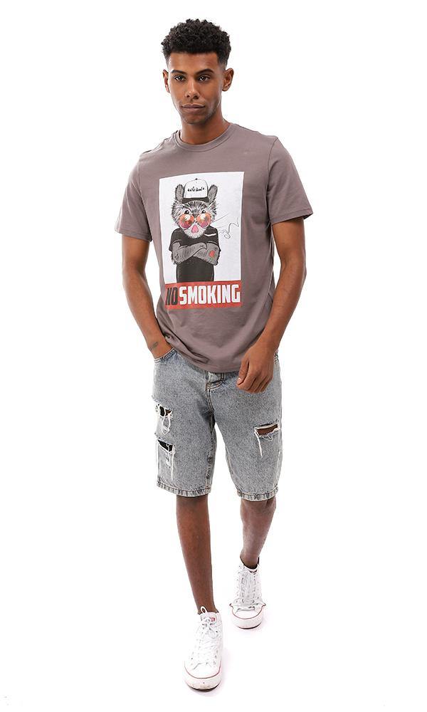 95113 Printed No Smoking Cotton Regular Fit T-Shirt - Dark Grey - Ravin 