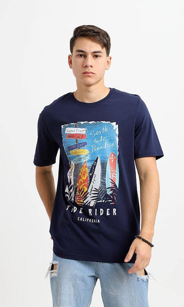 95114 Navy Blue Printed Tide Rider Casual Cotton Tee - Ravin 