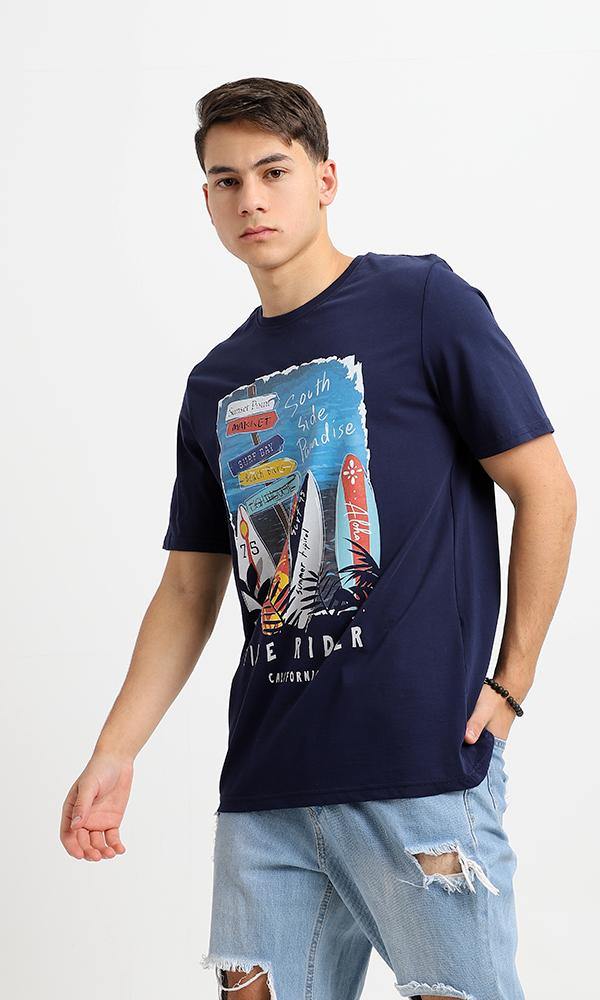 95114 Navy Blue Printed Tide Rider Casual Cotton Tee - Ravin 