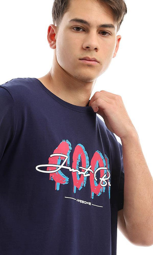 95129 Graphic Print Slip On Round Neck Tee - Navy Blue - Ravin 