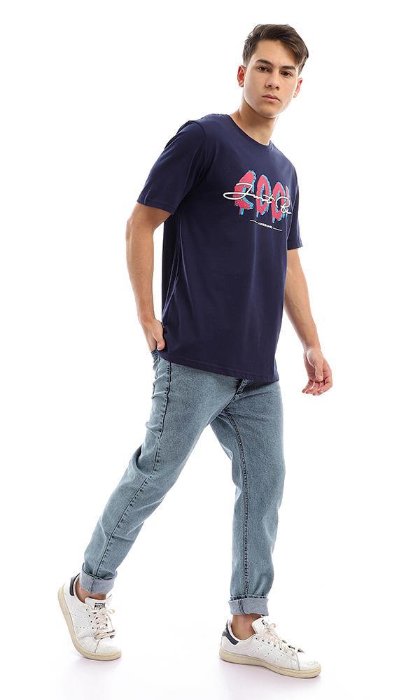 95129 Graphic Print Slip On Round Neck Tee - Navy Blue - Ravin 