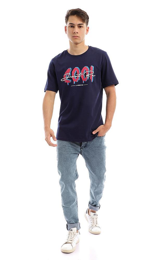 95129 Graphic Print Slip On Round Neck Tee - Navy Blue - Ravin 