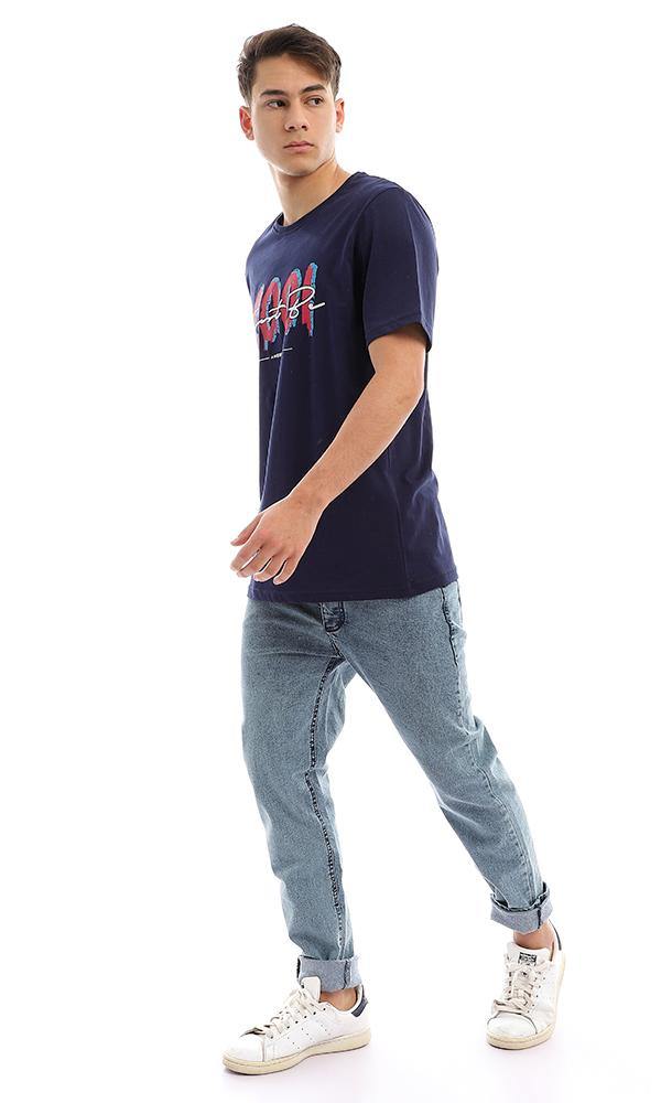 95129 Graphic Print Slip On Round Neck Tee - Navy Blue - Ravin 