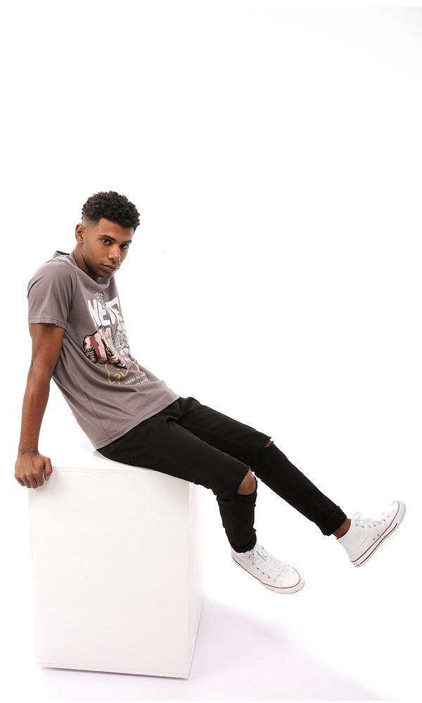 95138 Cotton Tee With Trendy Front Print - Dark Grey - Ravin 