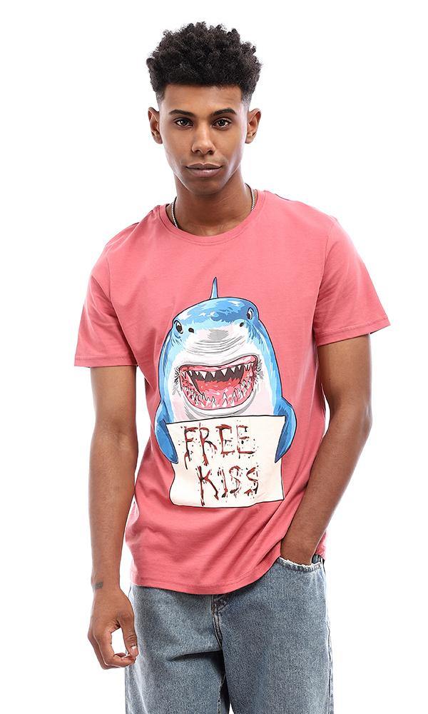 95169 Printed "Shark" Round Collar T-Shirt - Coral - Ravin 