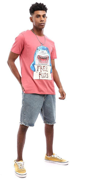 95169 Printed "Shark" Round Collar T-Shirt - Coral - Ravin 