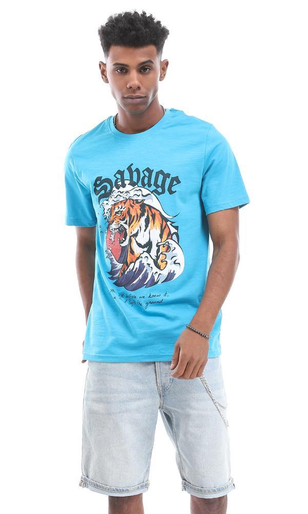 95178 Turquoise T-Shirt With A Roaring Tiger Frontal Print - Ravin 