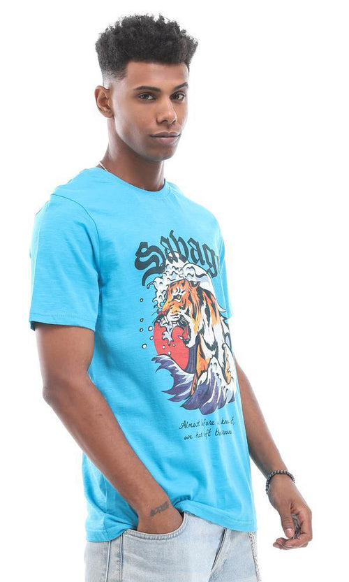 95178 Turquoise T-Shirt With A Roaring Tiger Frontal Print - Ravin 