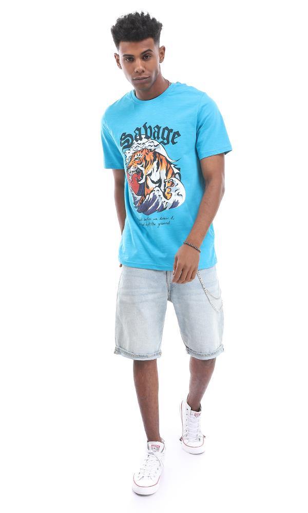 95178 Turquoise T-Shirt With A Roaring Tiger Frontal Print - Ravin 