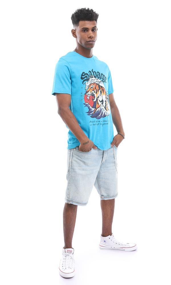 95178 Turquoise T-Shirt With A Roaring Tiger Frontal Print - Ravin 