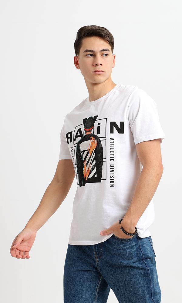 95193 Short Sleeves White Printed Round Neck Tee - Ravin 