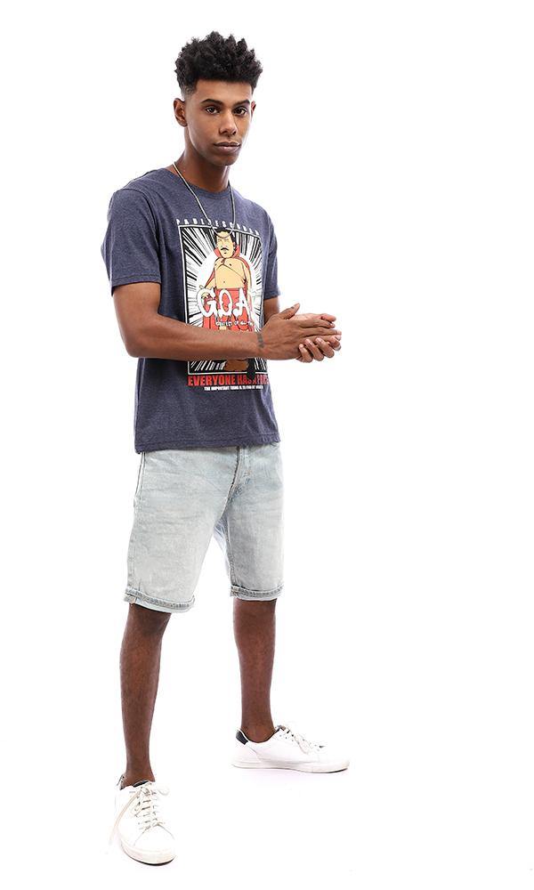 95220 Round Neck Cotton T-Shirt With Half Sleeves - Navy Blue - Ravin 