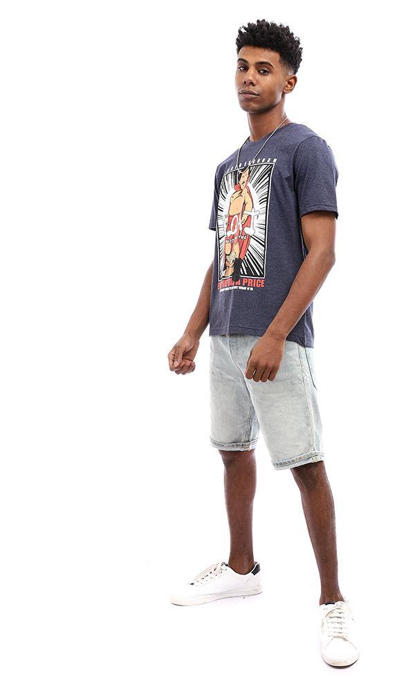 95220 Round Neck Cotton T-Shirt With Half Sleeves - Navy Blue - Ravin 
