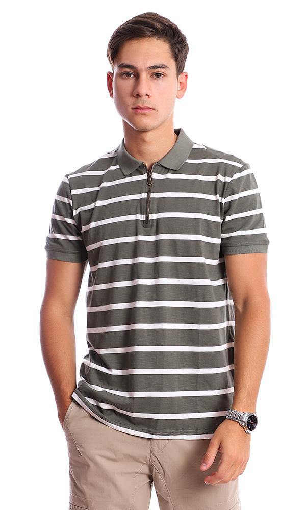 95253 Turn Down Collar Striped Zipped Olive & White Tee - Ravin 