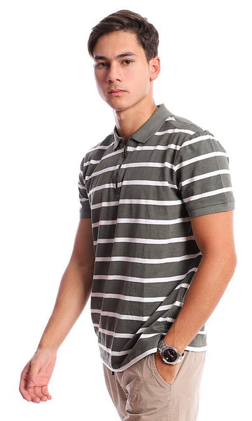 95253 Turn Down Collar Striped Zipped Olive & White Tee - Ravin 