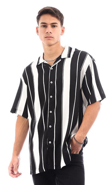 95272 Bi-Tone Striped Short Sleeves Summer Shirt - Off-White & Black - Ravin 