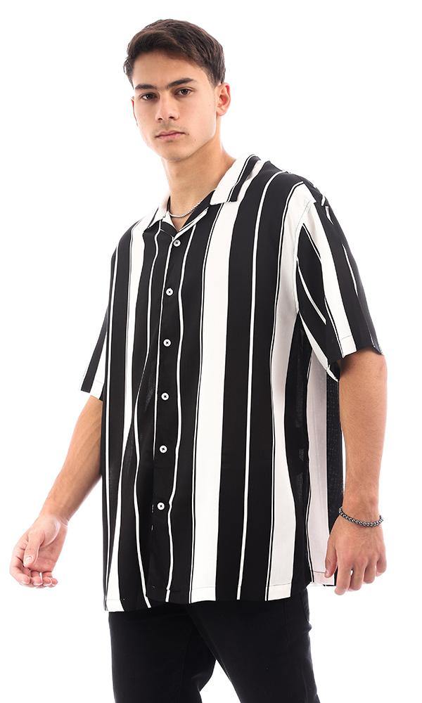 95272 Bi-Tone Striped Short Sleeves Summer Shirt - Off-White & Black - Ravin 