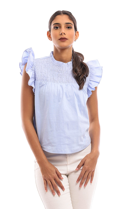 95278 Back Lace Up Ruffled Sleeveless Blouse - Baby Blue