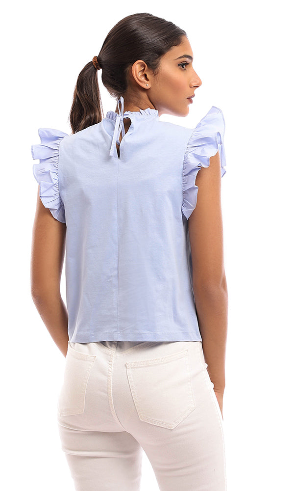 95278 Back Lace Up Ruffled Sleeveless Blouse - Baby Blue