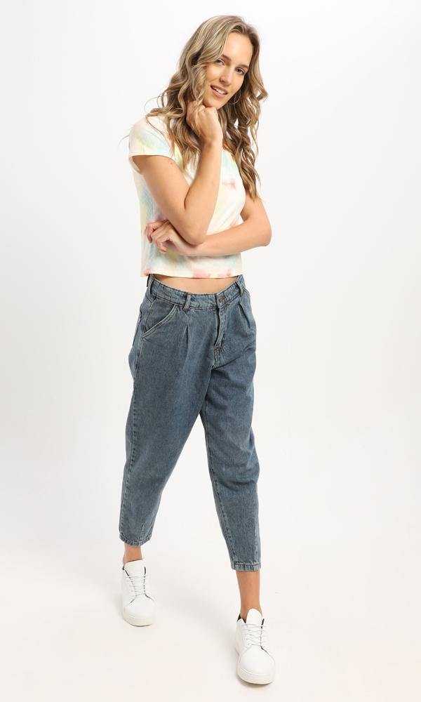 95287 Ribbed Mock Neck Short Sleeves Tie Dye Cropped Top - Ravin 