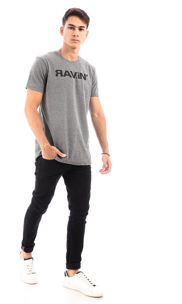 95297 Printed Crew Neck Comfy Heather Dark Grey Tee - Ravin 