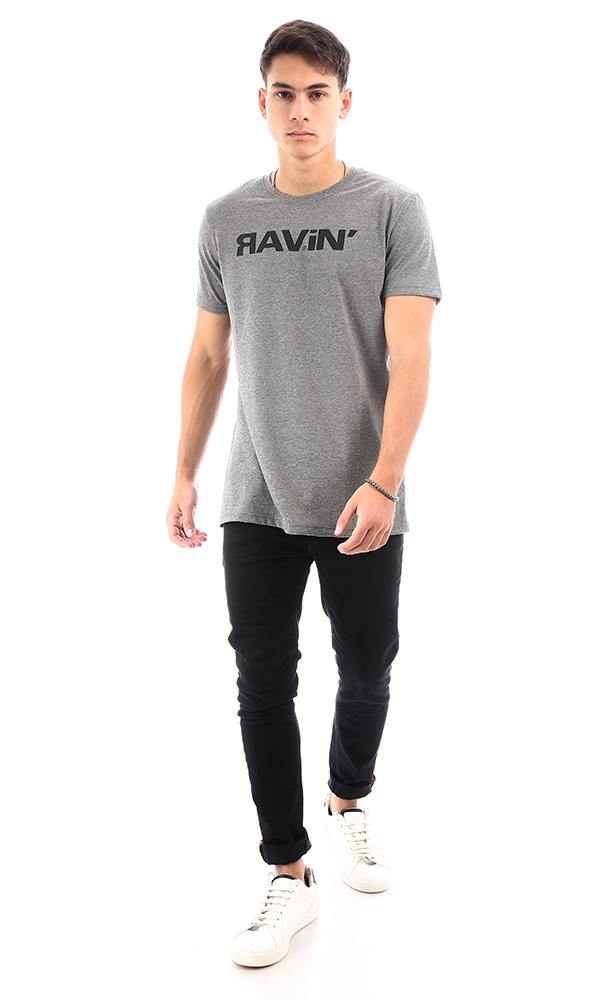 95297 Printed Crew Neck Comfy Heather Dark Grey Tee - Ravin 