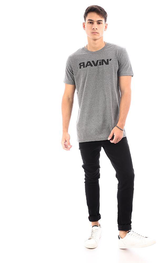 95297 Printed Crew Neck Comfy Heather Dark Grey Tee - Ravin 