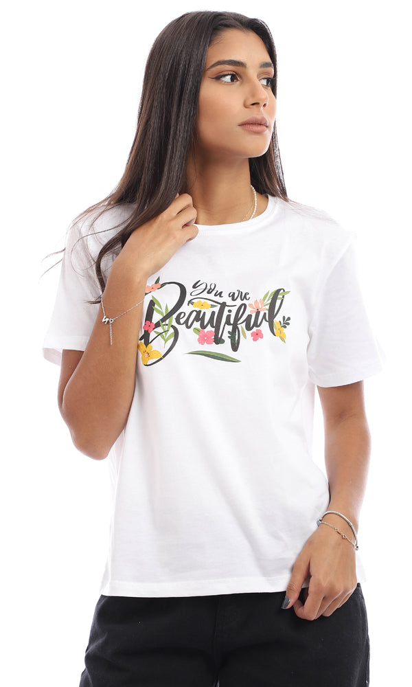 95323 " You Are Beautiful " Printed Cotton T-Shirt - White